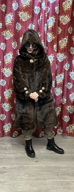 Coat eco pelliccia in visone con cappuccio,dettaglio gioiello-M,L,XL