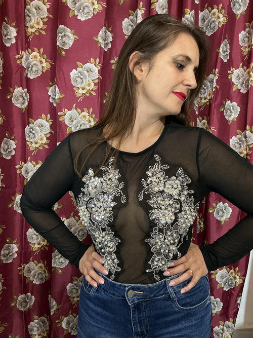 Body retato con perle e strass