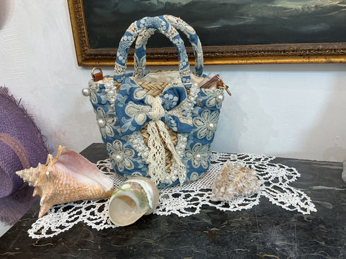 Borsa cesta in paglia,rivestimento Denim,pizzo e perle gioiello