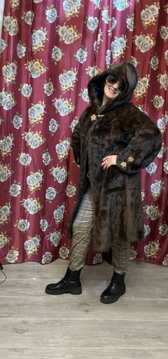 Coat eco pelliccia in visone con cappuccio,dettaglio gioiello-M,L,XL