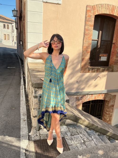 Abito lungo estivo,asimmetrico,in stile boho-chic,con stampa etnica